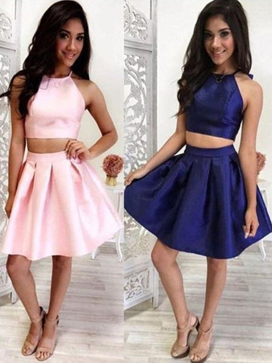 Halter Sleeveless Pleated A Line Two Pieces Homecoming Dresses Marley Satin Above Knee