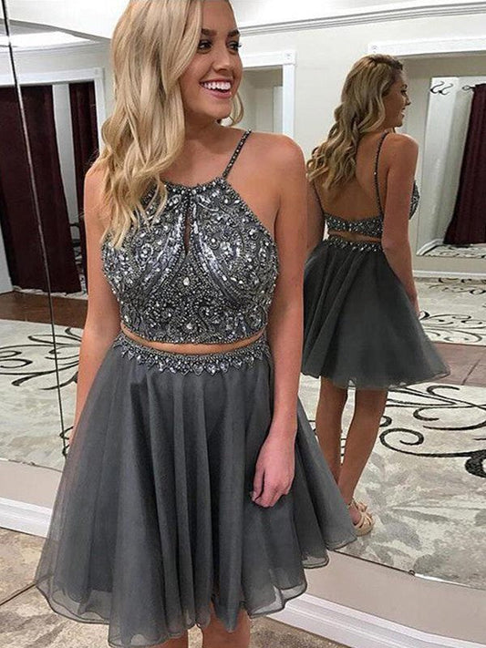 Halter Spaghetti Straps Grey Backless Organza A Line Myah Two Pieces Homecoming Dresses Beading