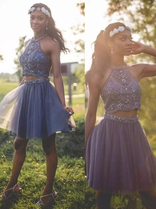 Halter Sleeveless Pleated Tulle Beading A Line Two Pieces Anika Homecoming Dresses Short