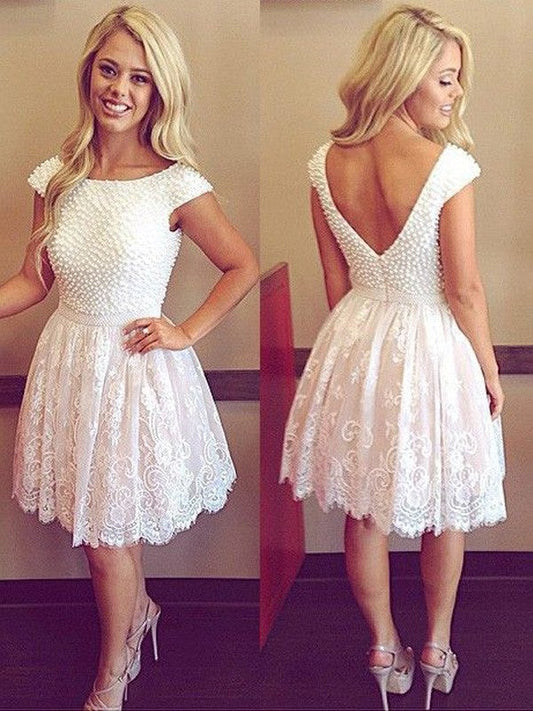 Scoop Cap Sleeve White Ball Gown Flowers Backless Lace Homecoming Dresses Reagan Beading