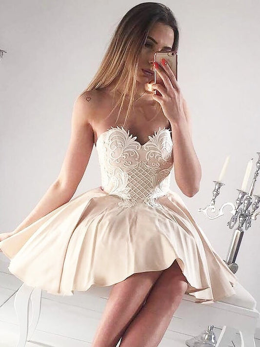 Strapless Sweetheart Appliques Taffeta Pleated A Line Ivory Miracle Homecoming Dresses Short Backless