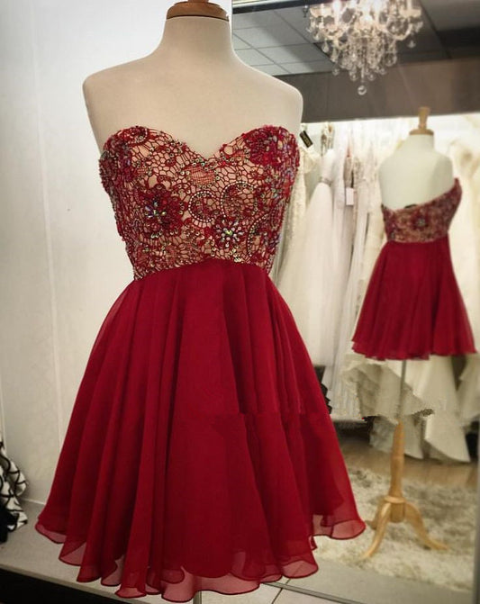 Lace Chiffon Sandy A Line Homecoming Dresses Backless Strapless Sweetheart Red Pleated Beading