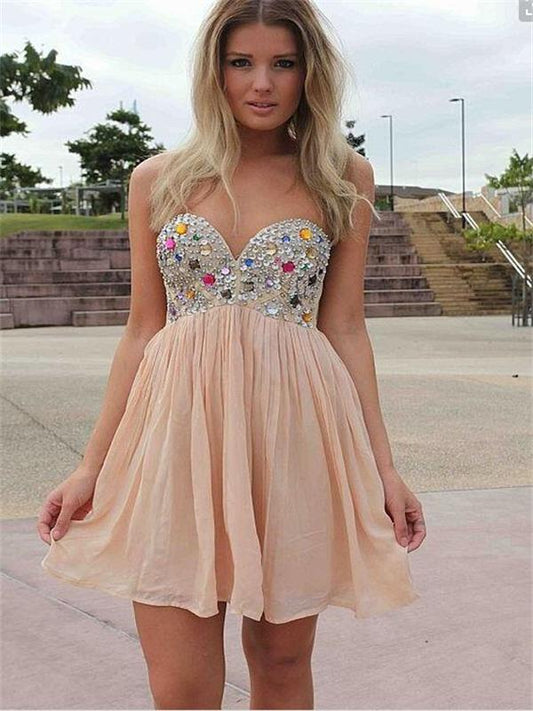 Strapless A Line Homecoming Dresses Ivory Anabel Chiffon Sweetheart Pleated Rhinestone Sparkle Short