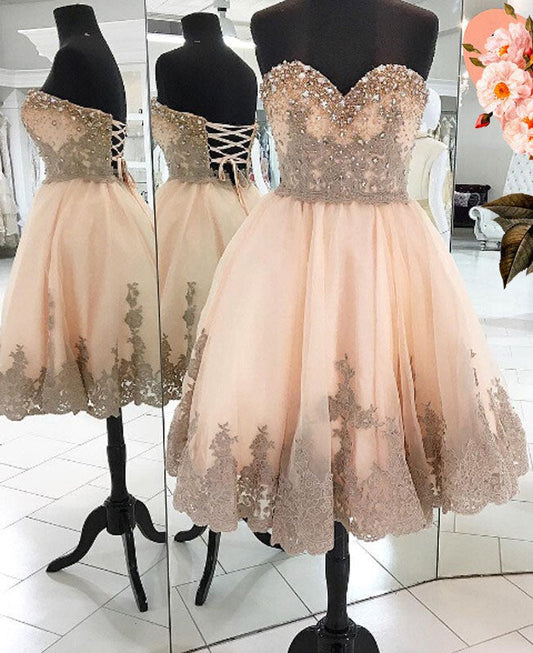 Strapless Sweetheart Lace Hallie Homecoming Dresses A Line Backless Appliques Rhinestone Pleated