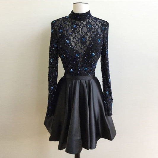 Beading Pleated Black Long Sleeve Satin Lace Homecoming Dresses Mavis A Line High Neck Short