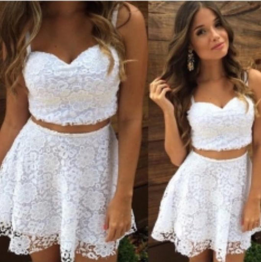 Spaghetti Straps Sweetheart Homecoming Dresses Two Pieces Lace Mariana A Line White Short