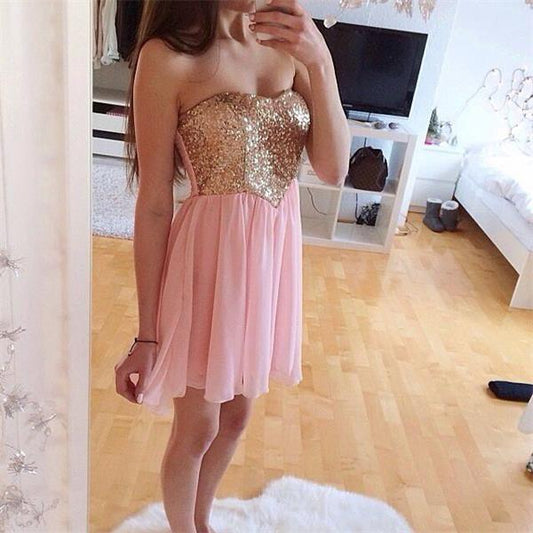 Strapless Pink A Line Aileen Chiffon Homecoming Dresses Sweetheart Pleated Short Sequins