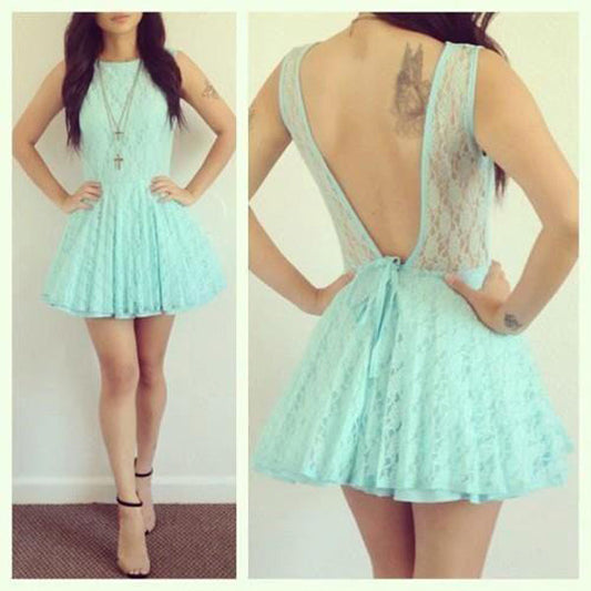 Lace Homecoming Dresses Savanah A Line Backless Jewel Sleeveless Pleated Blue Hollow Short