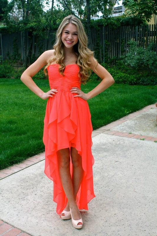High Low Strapless Christina Chiffon A Line Homecoming Dresses Sweetheart Coral Pleated