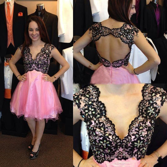 Cap Sleeve Homecoming Dresses Lace Sarah Pink A Line V Neck Backless Appliques Rhinestone Organza