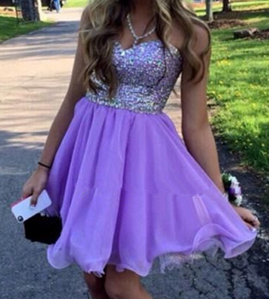Strapless Sweetheart Cadence A Line Chiffon Homecoming Dresses Beading Pleated Lilac Short