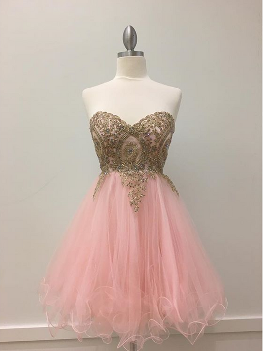 Strapless Sweetheart Organza Pleated Homecoming Dresses Pink Alannah Appliques Beading