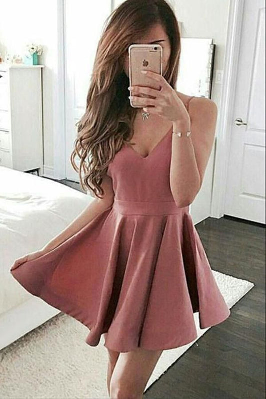 Spaghetti Straps V Homecoming Dresses Rosie A Line Satin Neck Pleated Dusty Rose Short Simple