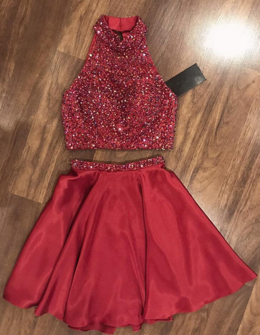 Halter A Line Two Pieces Satin Miya Homecoming Dresses Sleeveless Red Beading Pleated Short