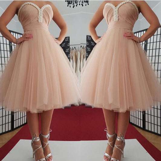Pearls Strapless Alana A Line Homecoming Dresses Sweetheart Backless Tulle Pleated Ruched