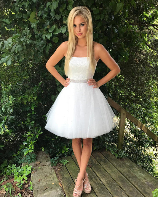 Strapless Beading Tulle Pleated Sexy Simple Homecoming Dresses Kianna A Line Knee Length