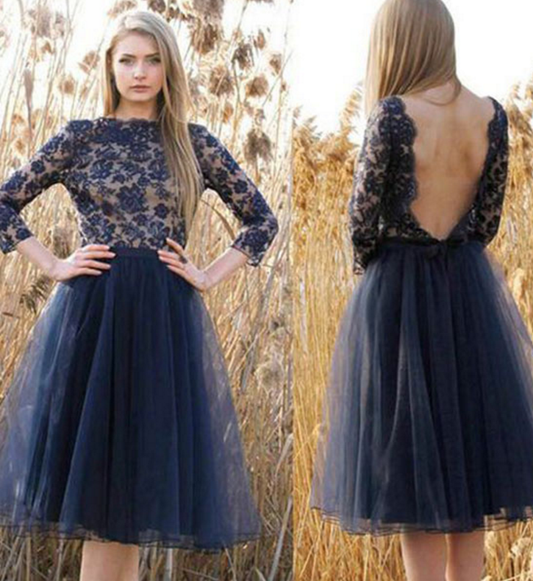 Jewel Long Sleeve Dark A Line Lace Homecoming Dresses Cristal Navy Backless Flowers Tulle Pleated