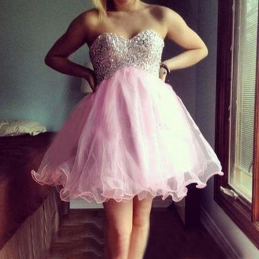 Organza Pleated Strapless A Line Pink Homecoming Dresses Kayla Sweetheart Beading Short