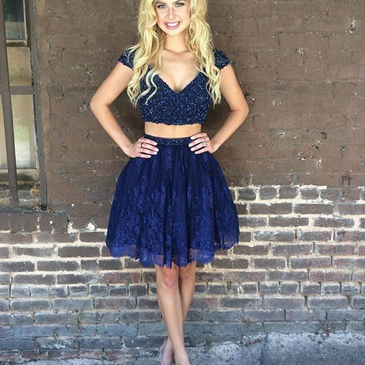 Cap Sleeve Deep V Neck Dark Two Pieces A Line Homecoming Dresses Lace Maci Navy Beading