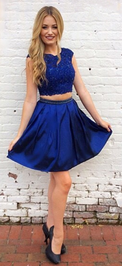 Cap Sleeve Pleated Two Pieces A Line Homecoming Dresses Satin Royal Blue Angeline Appliques Short