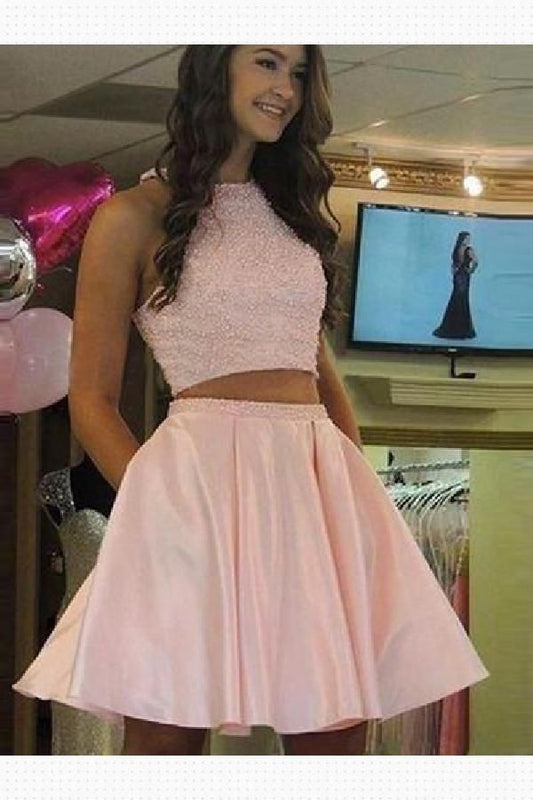 Gwen A Line Pink Two Pieces Satin Homecoming Dresses Halter Jewel Sleeveless Pleated