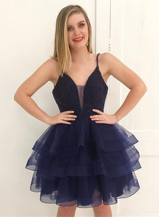 Spaghetti Straps Deep V Neck Ball Gown Homecoming Dresses Renee Tiered Dark Navy Organza