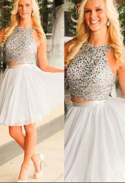 Chiffon A Line Two Pieces Shiloh Homecoming Dresses Halter Sleeveless White Beading