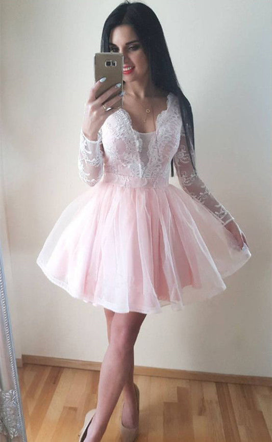 Long Sleeve Sheer Tulle Homecoming Dresses Mariana Lace Pink Pleated Short Deep V Neck Exquisite