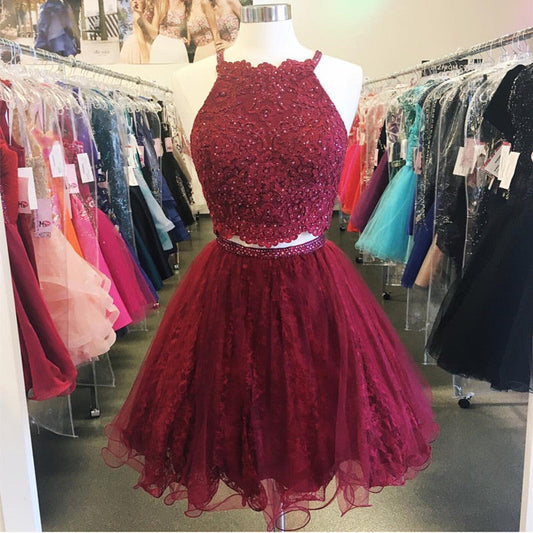 A Line Juliet Lace Homecoming Dresses Two Pieces Burgundy Halter Sleeveless Appliques Organza