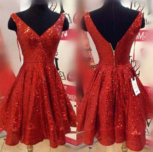 V Neck Sleeveless Armani A Line Homecoming Dresses Backless Pleated Sequins Red Sparkle