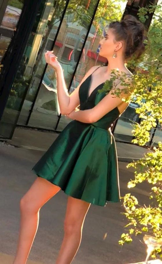 Deep V Neck Spaghetti Gabriella Homecoming Dresses Satin Straps Short Dark Green Pleated
