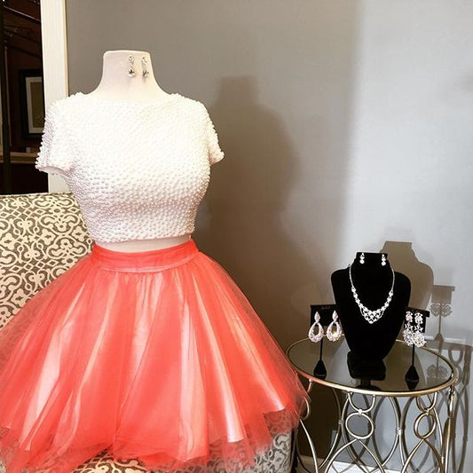 Beading Short Sleeve Tulle Backless Homecoming Dresses Two Pieces Kianna Jewel Short