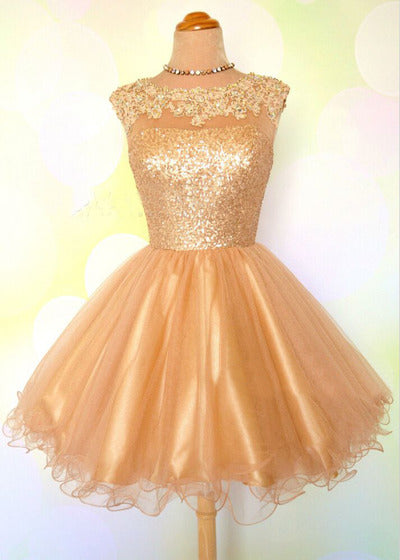 Cap Sleeve Jewel Appliques Sequins Sheer Gold Organza A Line Homecoming Dresses Yamilet Backless