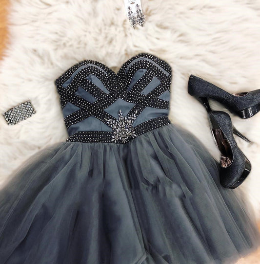 Homecoming Dresses A Line Charlee Dark Grey Strapless Sweetheart Beading Tulle Pleated Short