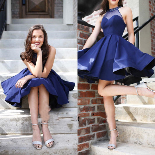 Halter A Line Homecoming Dresses Satin Erica See Through Navy Blue Pleated Short Sleeveless