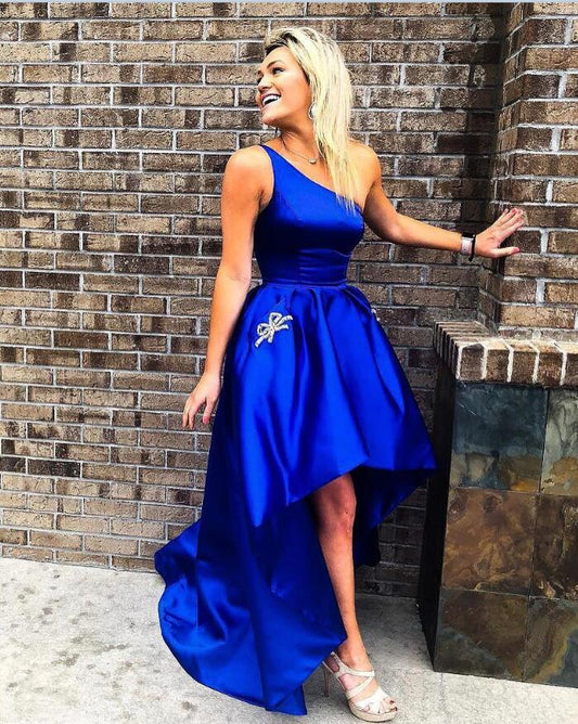 One Shoulder High Low Pleated Satin Royal Blue Alondra Homecoming Dresses Sleeveless Ball Gown