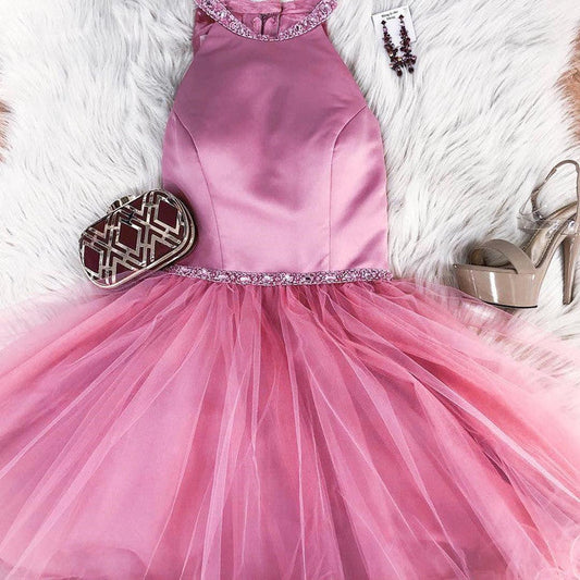 Halter Tulle Sleeveless Short Pleated Simple Pink A Line Isabelle Homecoming Dresses Beading
