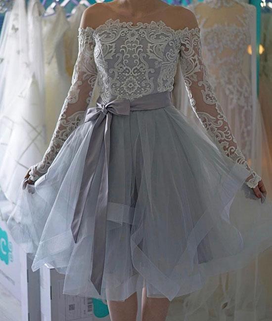 Off The A Line Mercedes Lace Homecoming Dresses Shoulder Long Sleeve Organza Lavender Bowknot