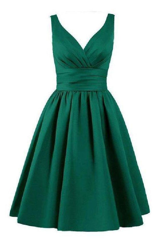 A Line Satin Shaylee Homecoming Dresses Sleeveless Pleated Hunter Ruched V Neck Elegant