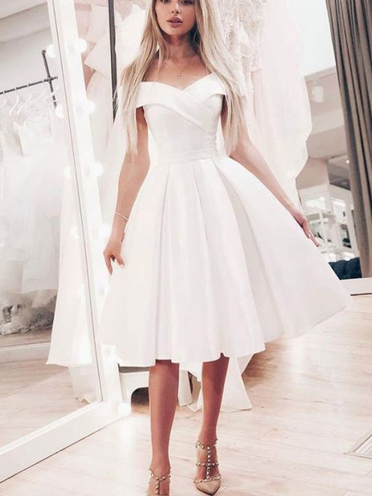Off The Shoulder Pleated Satin Lara Ivory Homecoming Dresses A Line Knee Length