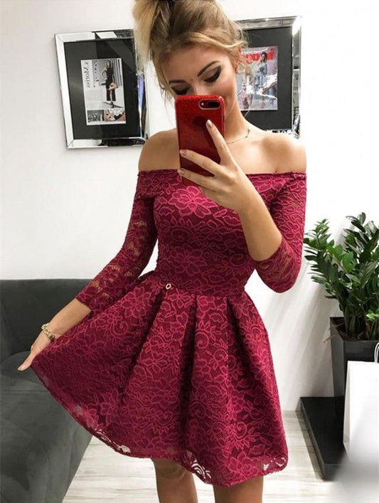 A Line Lace Gia Homecoming Dresses 3/4 Sleeve Off The Shoulder Pleated Short Burgundy Flowers