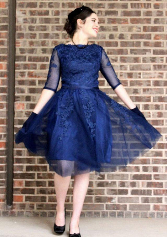 Bateau Navy Blue Half Sleeve Tulle Appliques Pleated Homecoming Dresses A Line Kayley Elegant