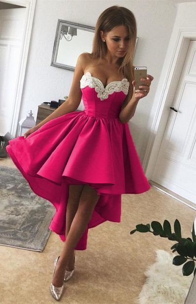 High Low Fuchsia Strapless Sweetheart Appliques A Line Esperanza Homecoming Dresses Pleated