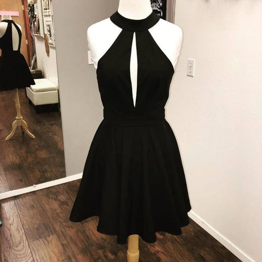Halter Black Sleeveless Selina Satin Homecoming Dresses A Line Cut Out Pleated Backless Short
