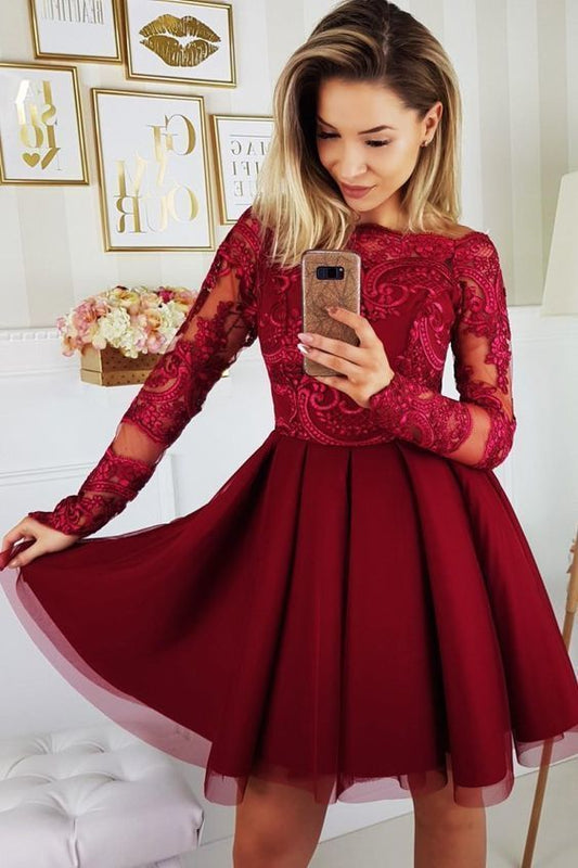 Burgundy Long Sleeve Bateau Appliques A Line Lace Kaitlynn Homecoming Dresses Tulle Pleated