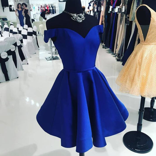 Off The Shoulder V Neck Pleated Royal Blue A Line Satin Mia Homecoming Dresses Short