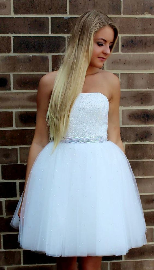 Strapless Ball Gown Kailey Homecoming Dresses Tulle Beading Short White Pleated Princess