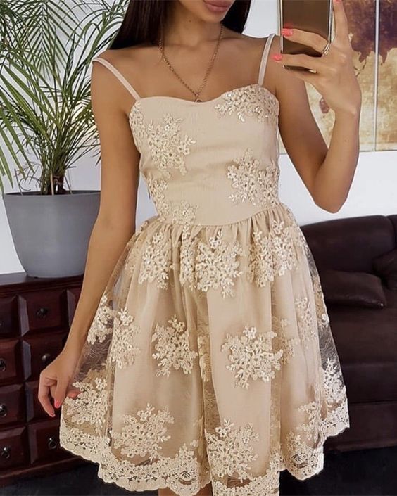 Spaghetti Straps Sweetheart Ivory Jaylee A Line Lace Homecoming Dresses Flowers Pleated