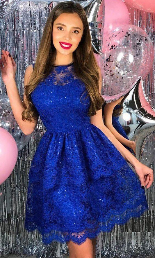 Jewel Sleeveless Pleated Elegant Sexy Natalie Homecoming Dresses Lace Royal Blue A Line Short