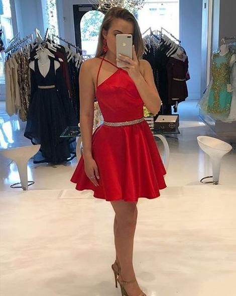 Halter Satin Sandy Homecoming Dresses A Line Spaghetti Straps Sexy Pleated Short Red Simple